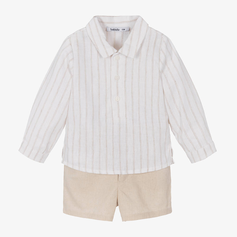 Babidu-Boys Beige Striped Cotton Shorts Set | Childrensalon Outlet