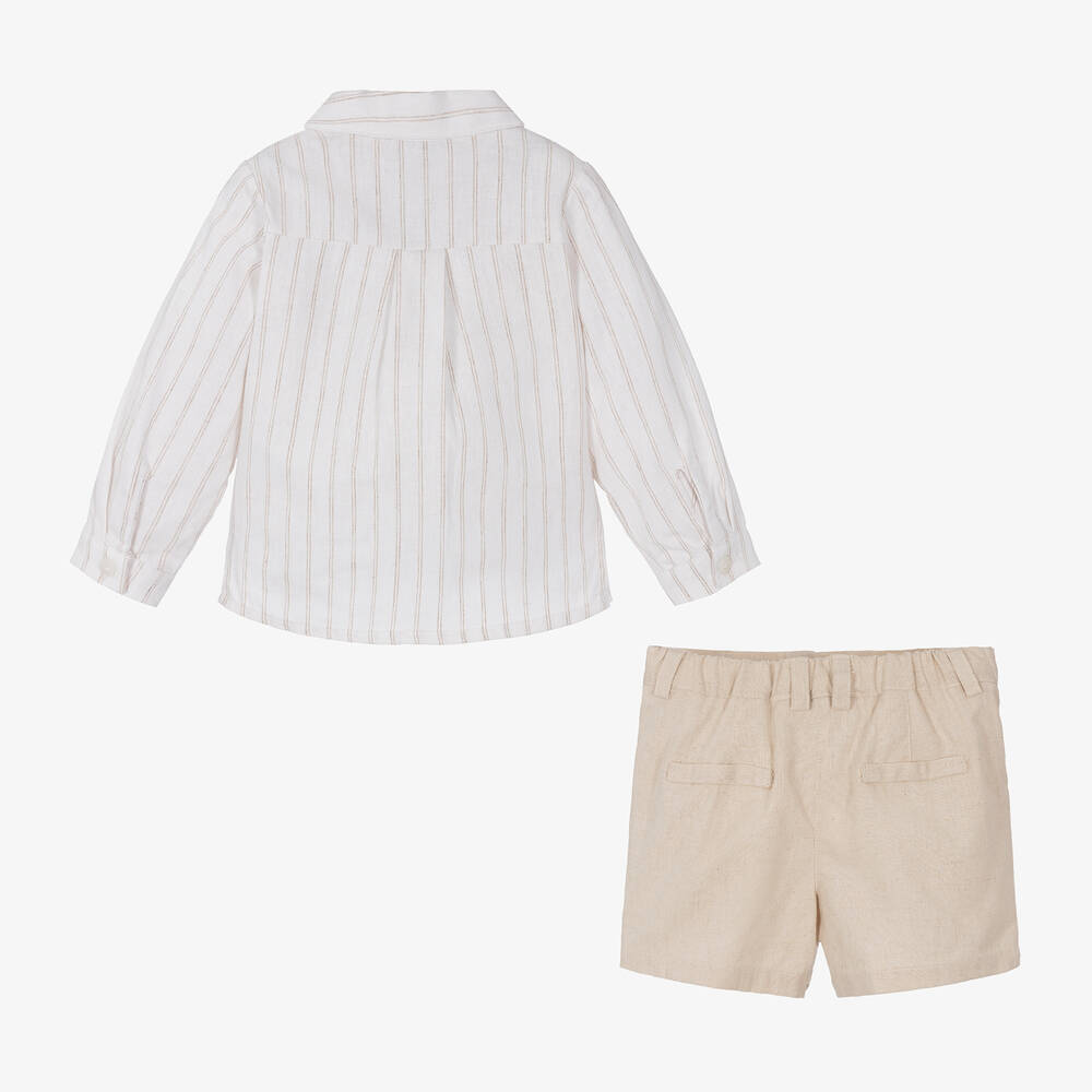 Babidu-Boys Beige Striped Cotton Shorts Set | Childrensalon Outlet