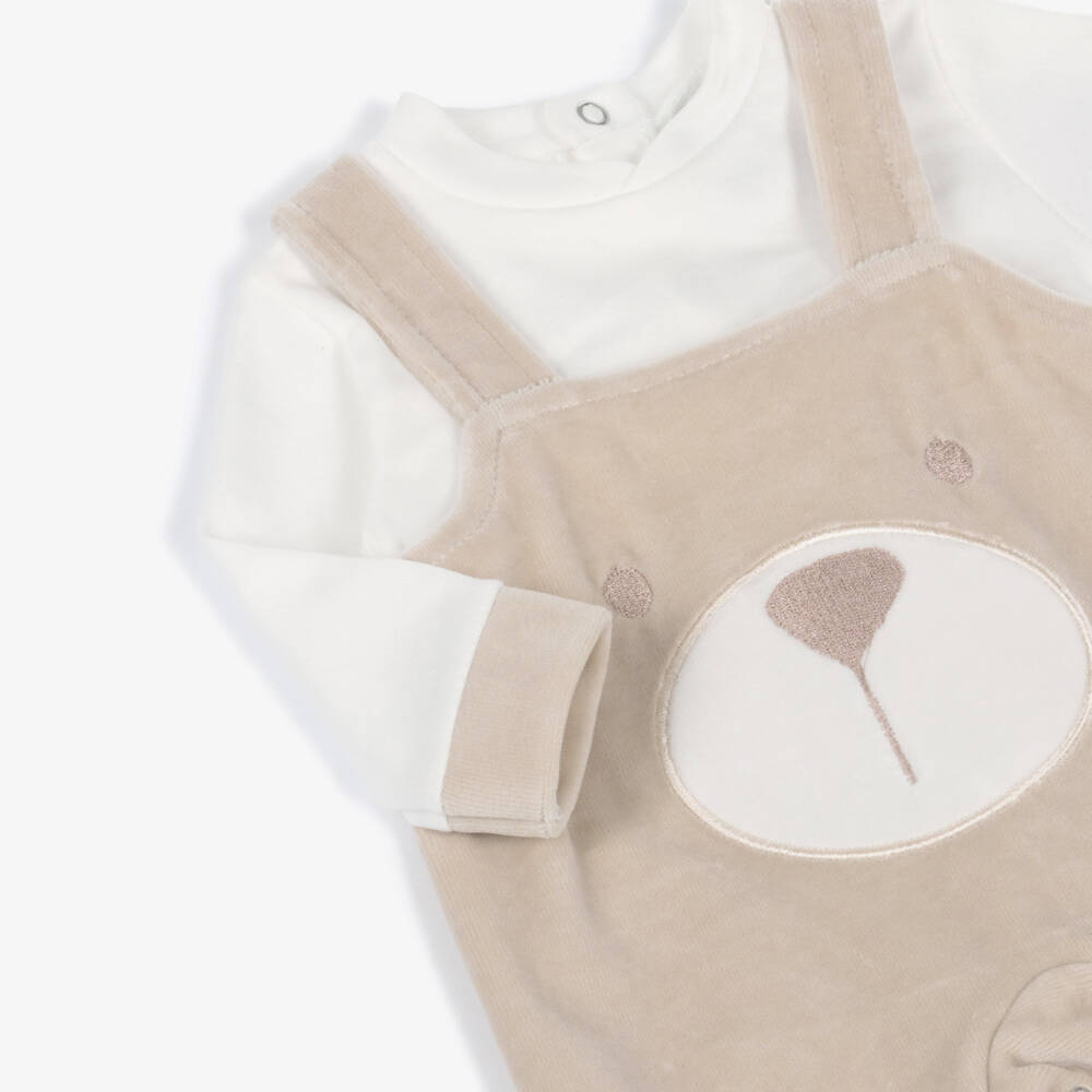Babidu-Boys Beige Velour Teddy Bear Babygrow | Childrensalon Outlet
