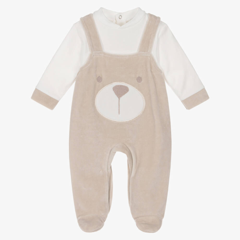 Babidu-Boys Beige Velour Teddy Bear Babygrow | Childrensalon Outlet
