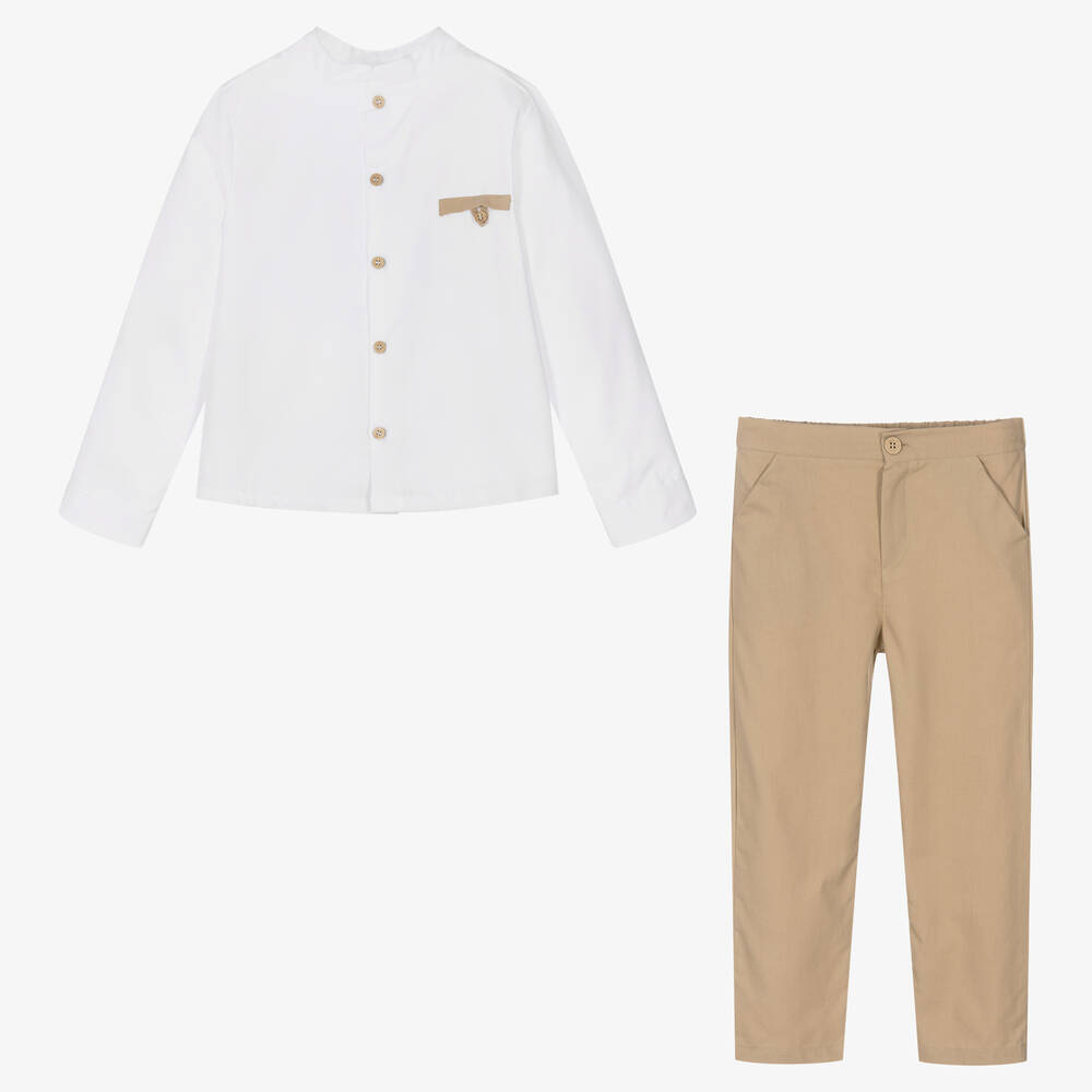 Babidu-Boys Beige & White Trouser Set | Childrensalon Outlet
