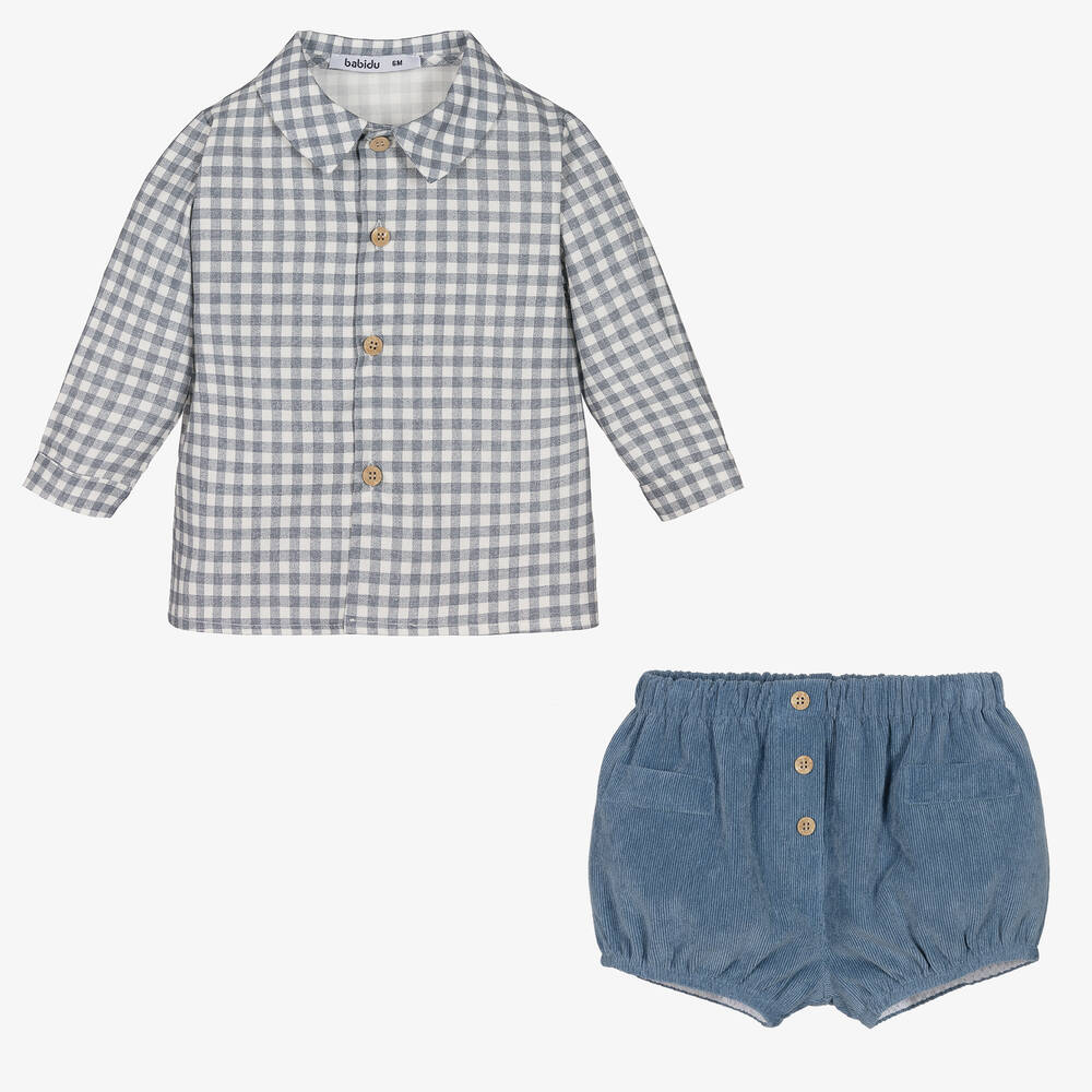 Babidu-Boys Blue Check Cotton Shorts Set | Childrensalon Outlet