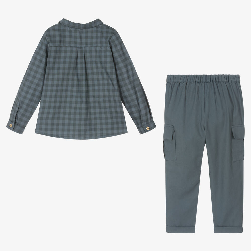 Babidu-Boys Blue Checked Cotton Trouser Set | Childrensalon Outlet