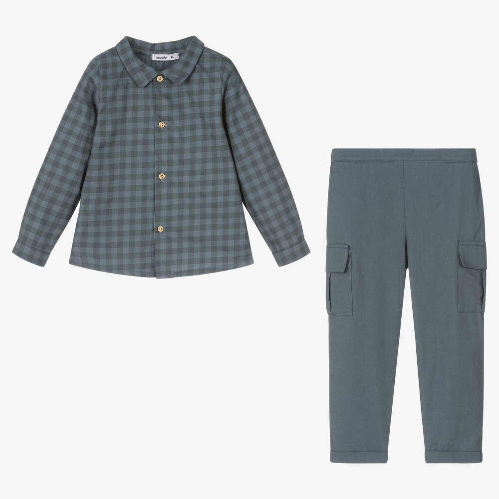 Babidu-Boys Blue Checked Cotton Trouser Set | Childrensalon Outlet