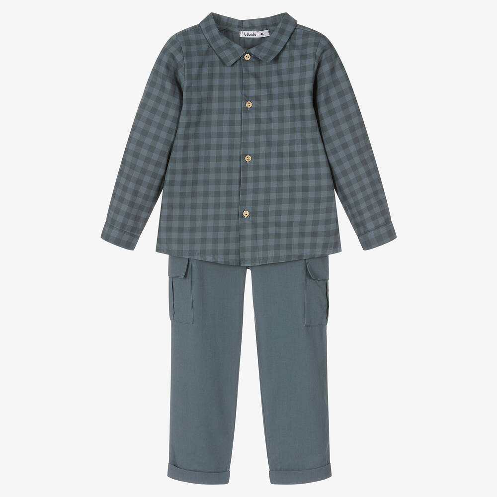 Babidu - Boys Blue Checked Cotton Trouser Set | Childrensalon