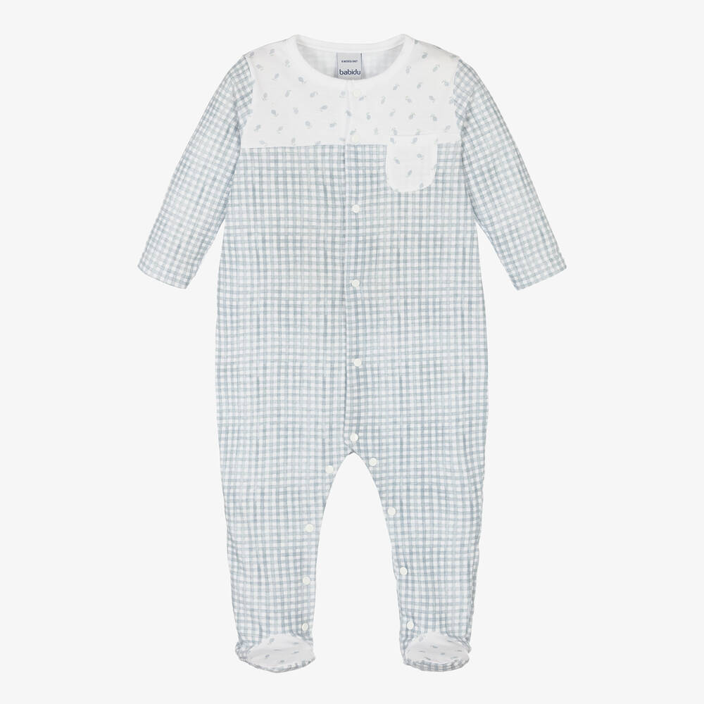 Babidu - Boys Blue Cotton Gingham Babygrow  | Childrensalon