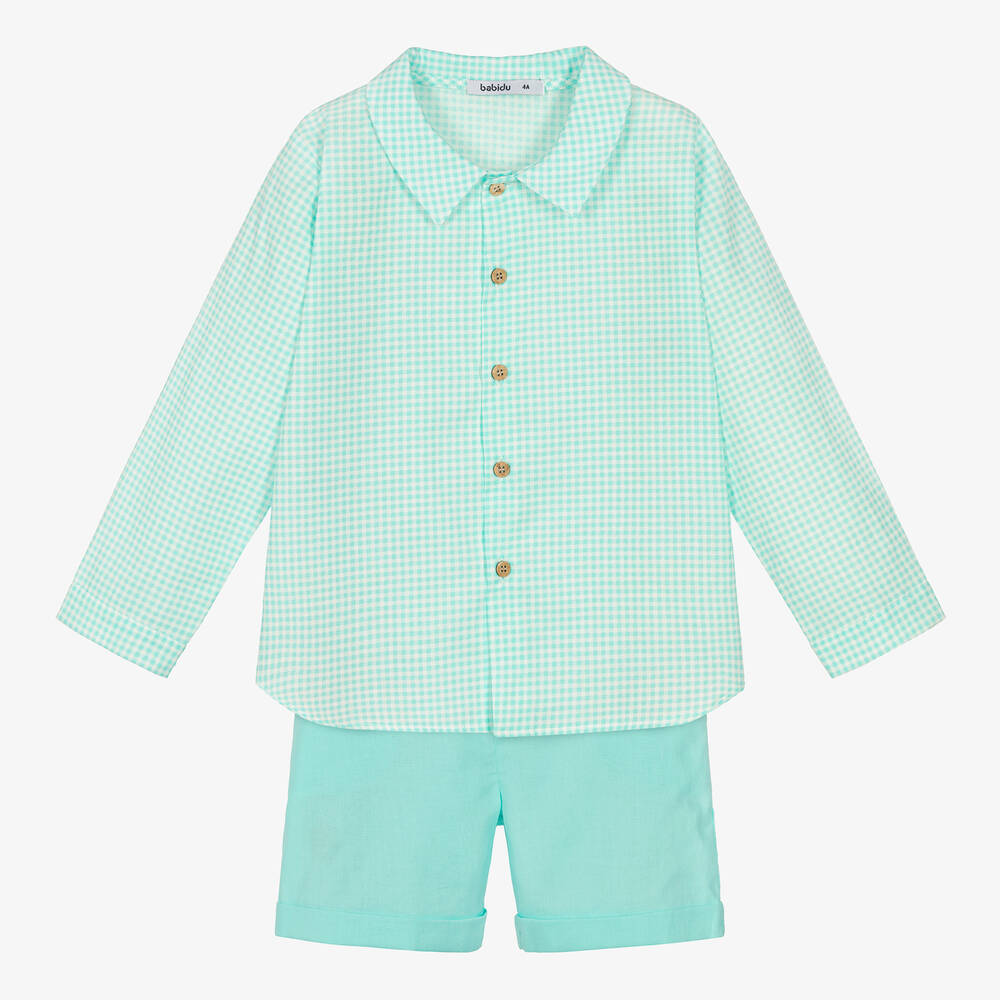 Babidu - Голубая рубашка в клетку и шорты из хлопка | Childrensalon