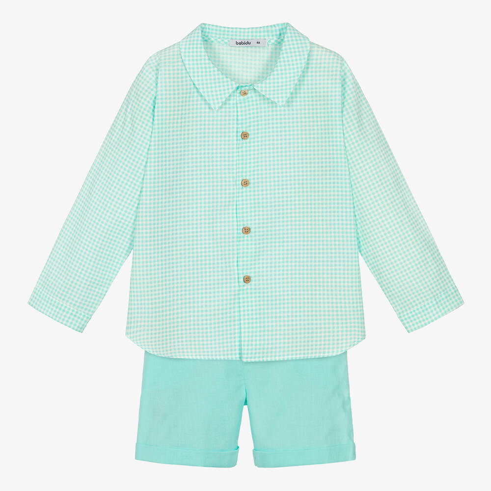 Babidu-Boys Blue Gingham Cotton Shorts Set | Childrensalon Outlet
