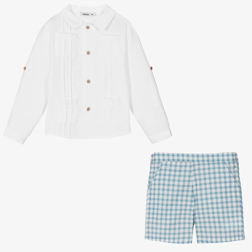 Babidu-Boys Blue Gingham Cotton Shorts Set | Childrensalon Outlet