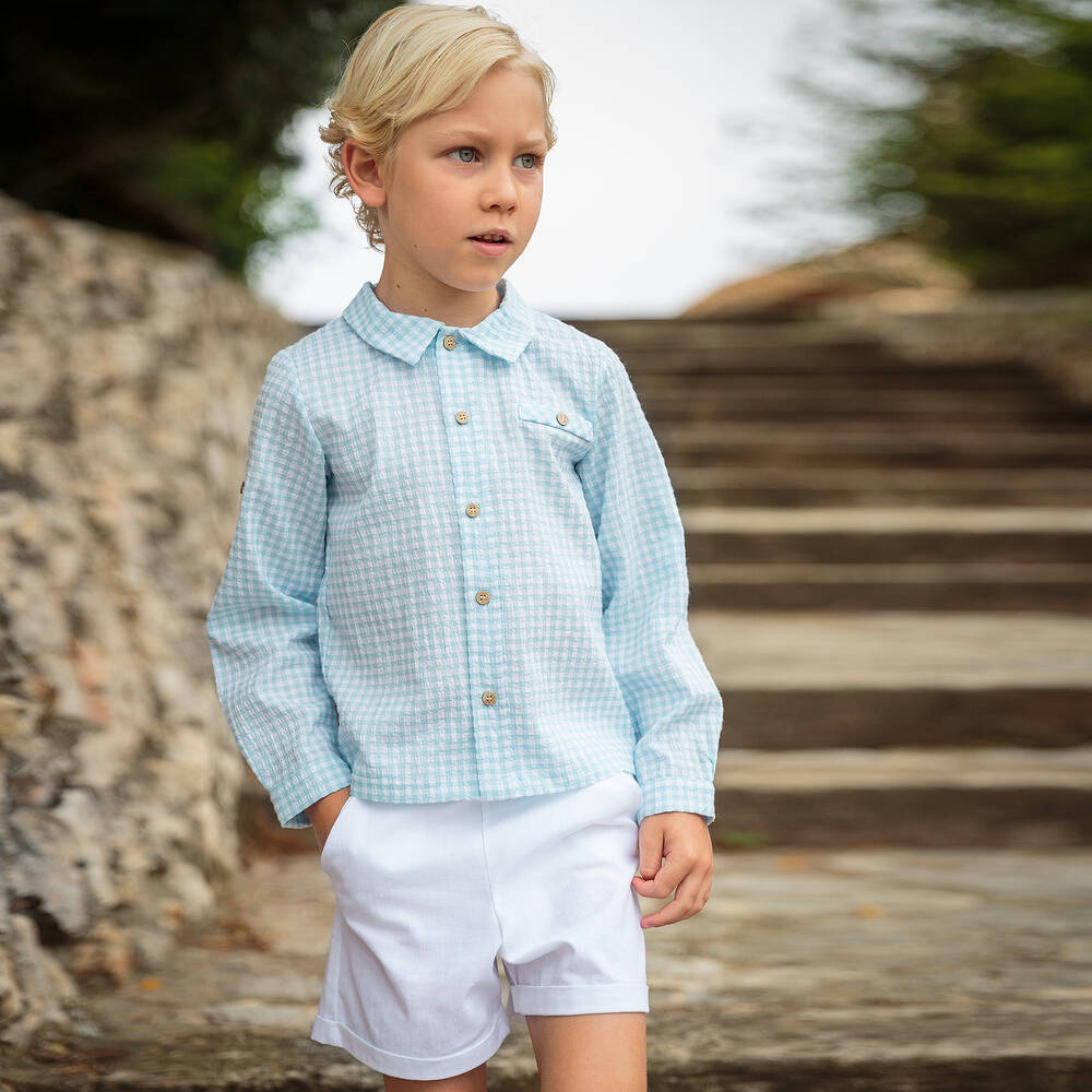 Babidu-Boys Blue Gingham Cotton Shorts Set | Childrensalon Outlet