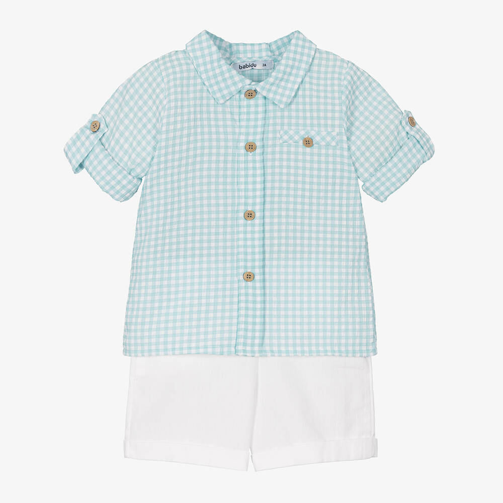 Babidu-Boys Blue Gingham Cotton Shorts Set | Childrensalon Outlet