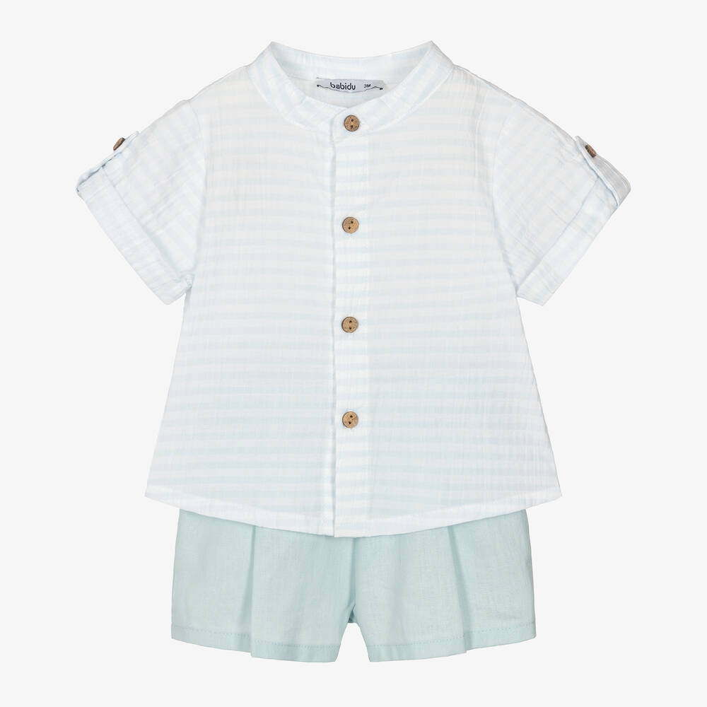 Babidu-Boys Blue Linen & Cotton Shorts Set | Childrensalon Outlet