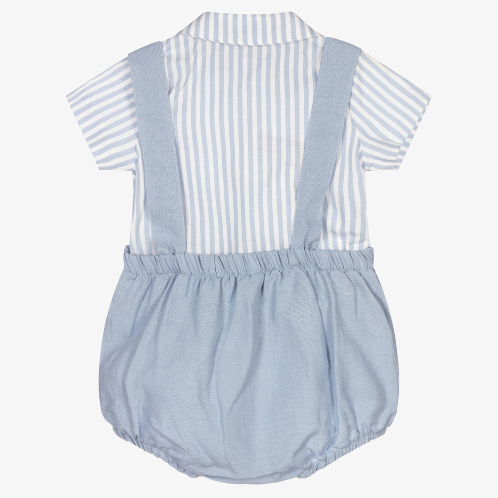 Babidu-طقم شورت كتان وقطن محبوك لون أزرق باهت وأبيض للمواليد | Childrensalon Outlet