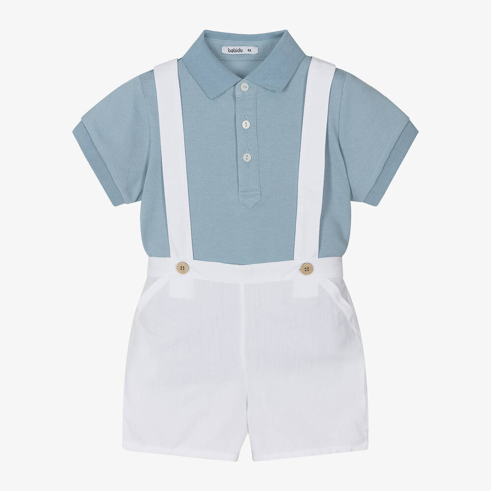 Babidu-Boys Blue & White Cotton Shorts Set | Childrensalon Outlet