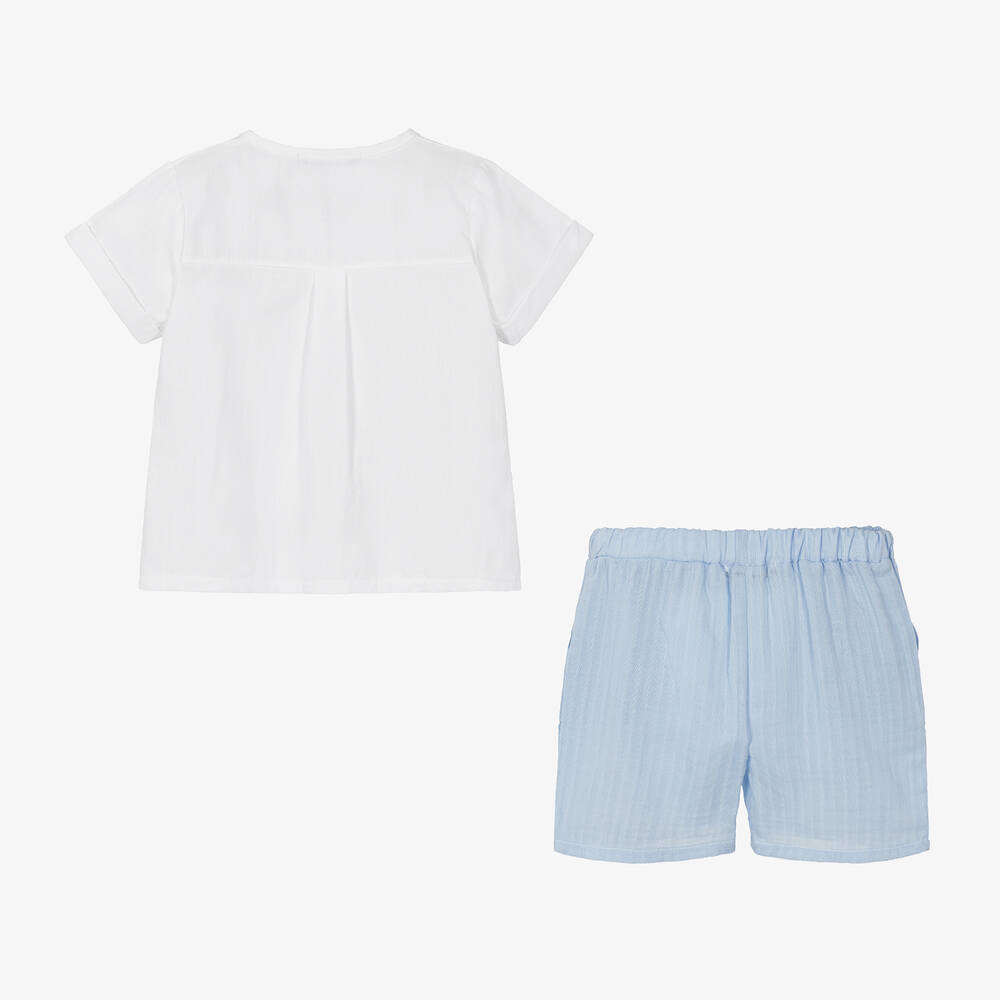 Babidu-Boys Blue & White Cotton Shorts Set | Childrensalon Outlet