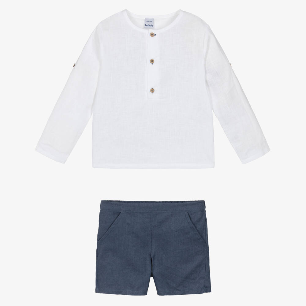 Babidu-Boys Blue & White Cotton Shorts Set with Adjustable Sleeves | Childrensalon Outlet