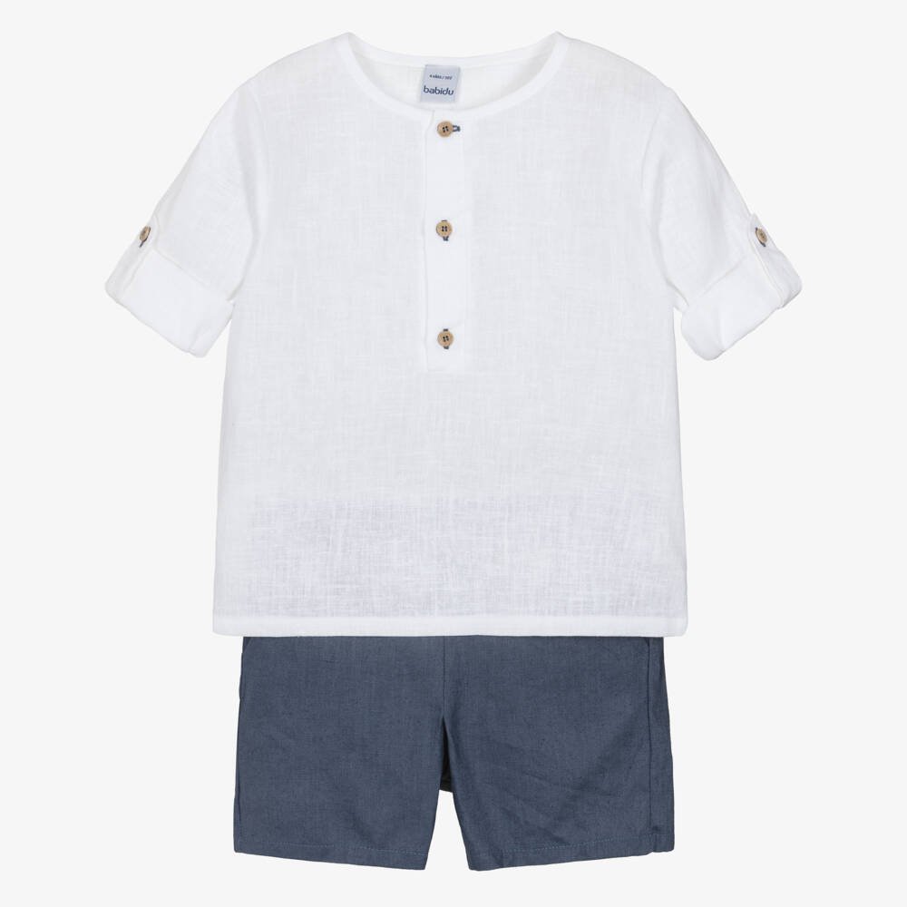 Babidu-Boys Blue & White Cotton Shorts Set with Adjustable Sleeves | Childrensalon Outlet