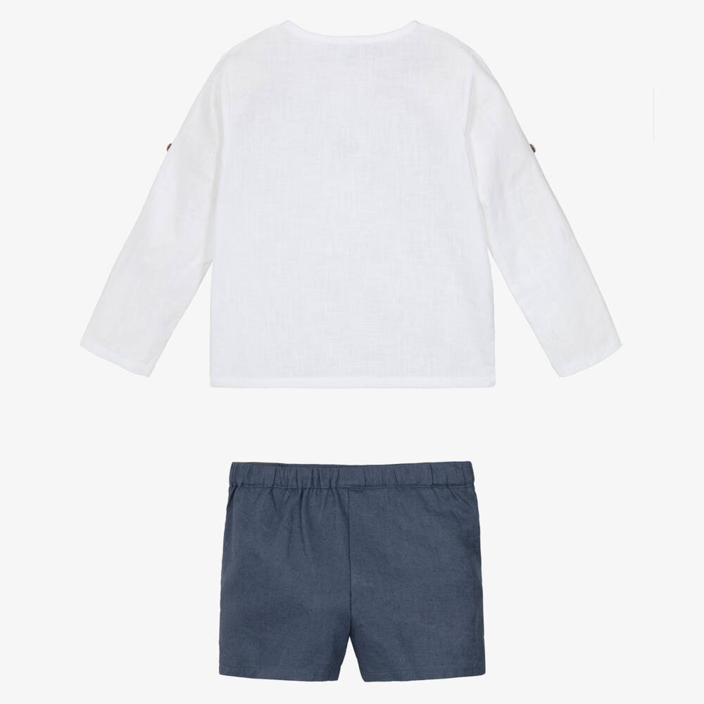 Babidu-Boys Blue & White Cotton Shorts Set with Adjustable Sleeves | Childrensalon Outlet