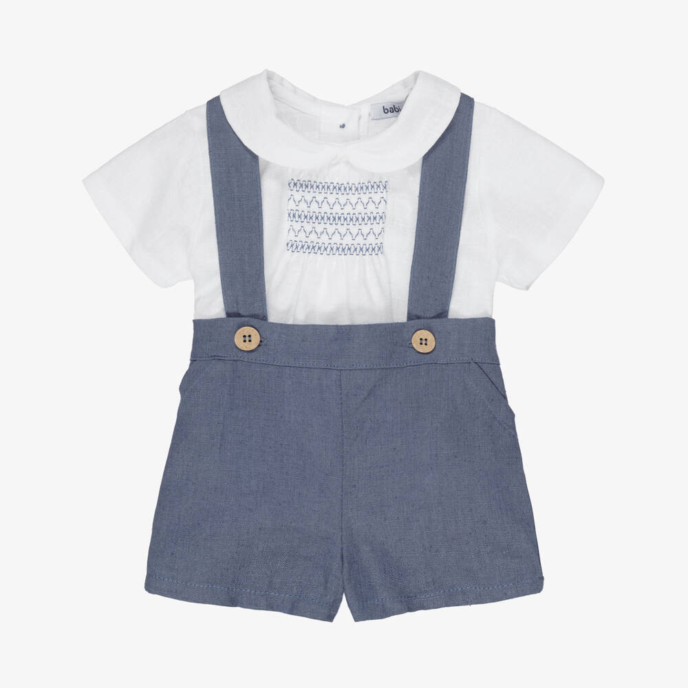 Babidu-Boys Blue & White Cotton Shorts Set with Smocking | Childrensalon Outlet