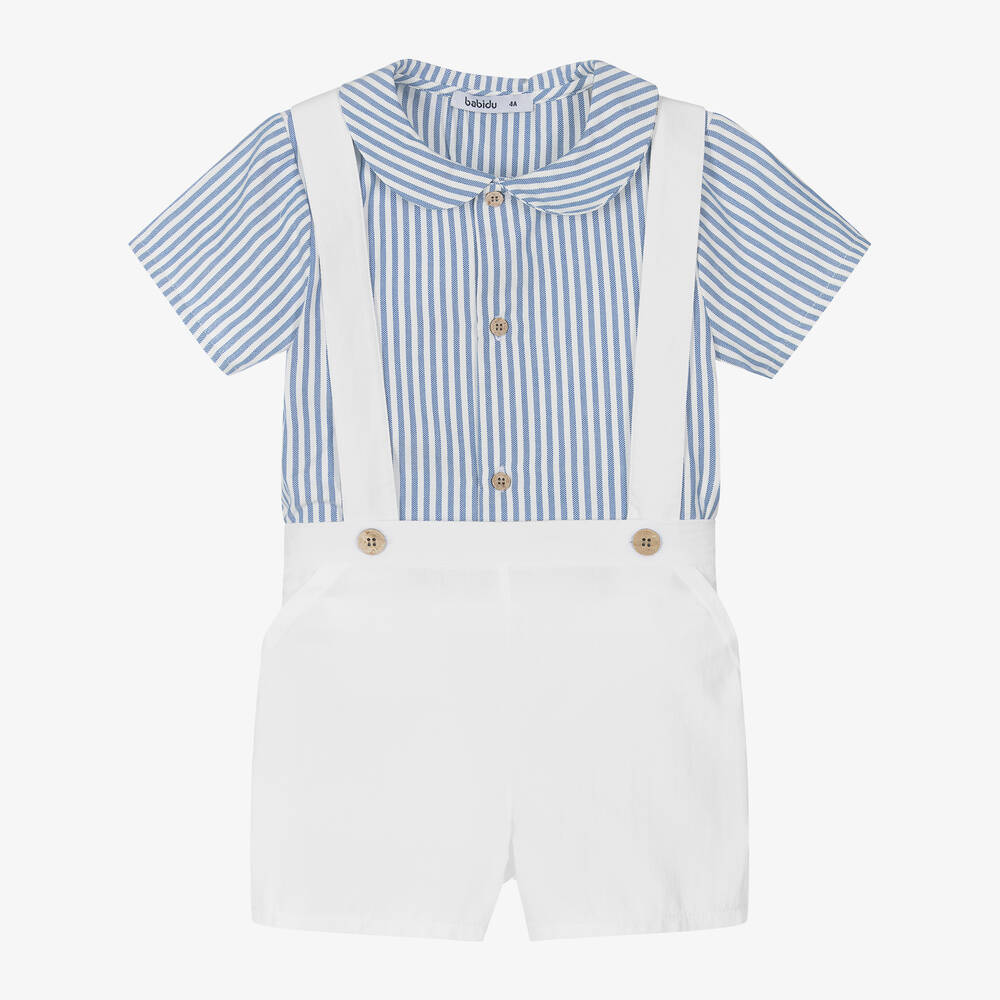 Babidu-Boys Blue & White Stripe Cotton Dungaree Set | Childrensalon Outlet