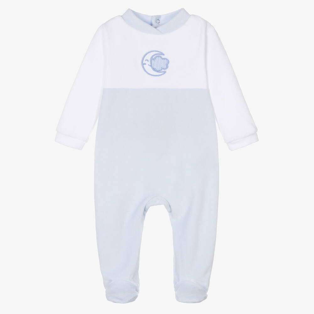 Babidu - Boys Blue & White Velour Babygrow | Childrensalon