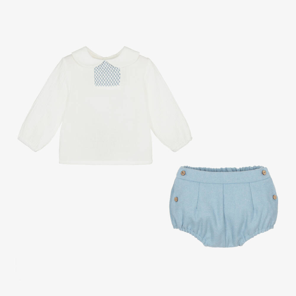 Babidu-طقم شورت لون أبيض وأزرق فاتح للمواليد | Childrensalon Outlet