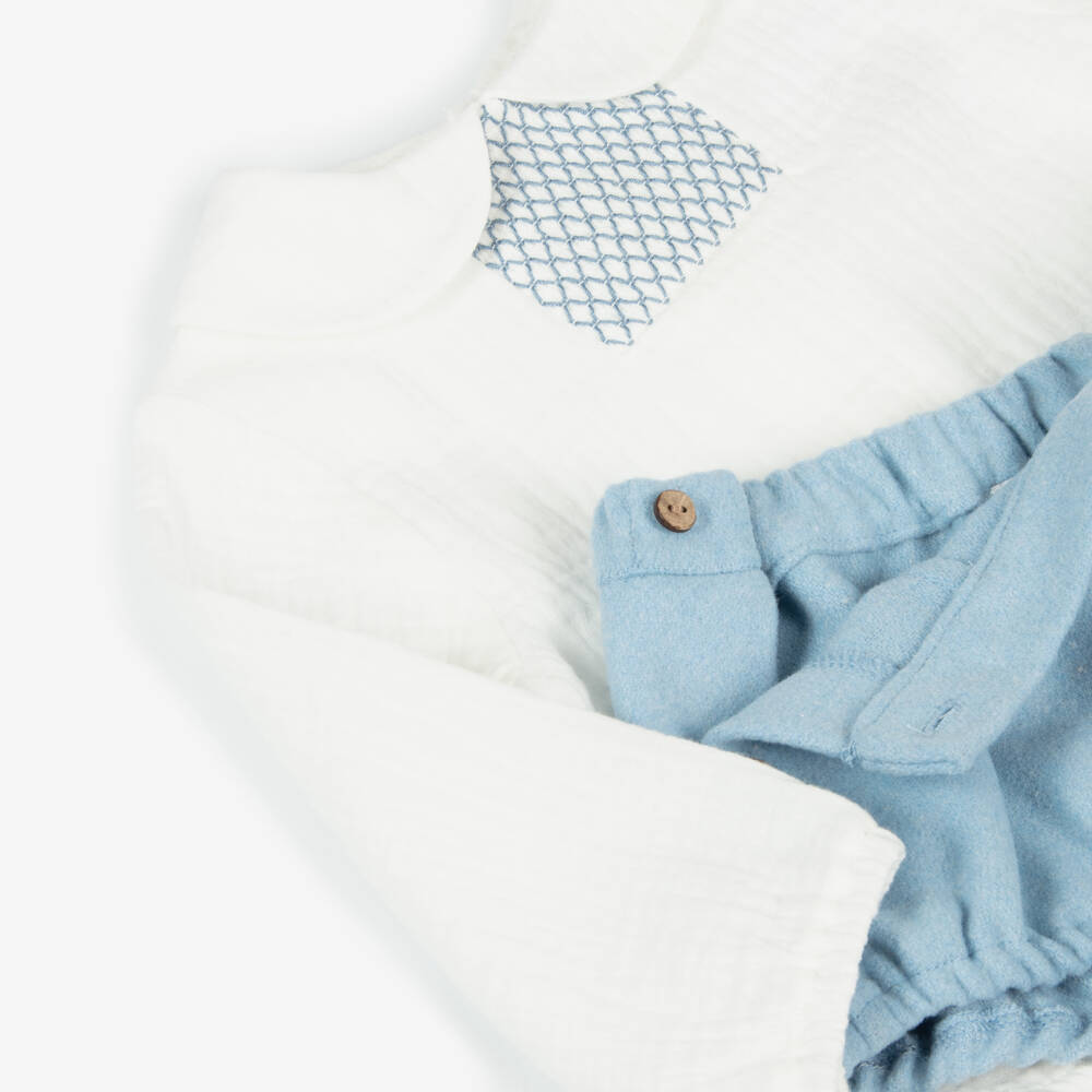 Babidu-طقم شورت لون أبيض وأزرق فاتح للمواليد | Childrensalon Outlet