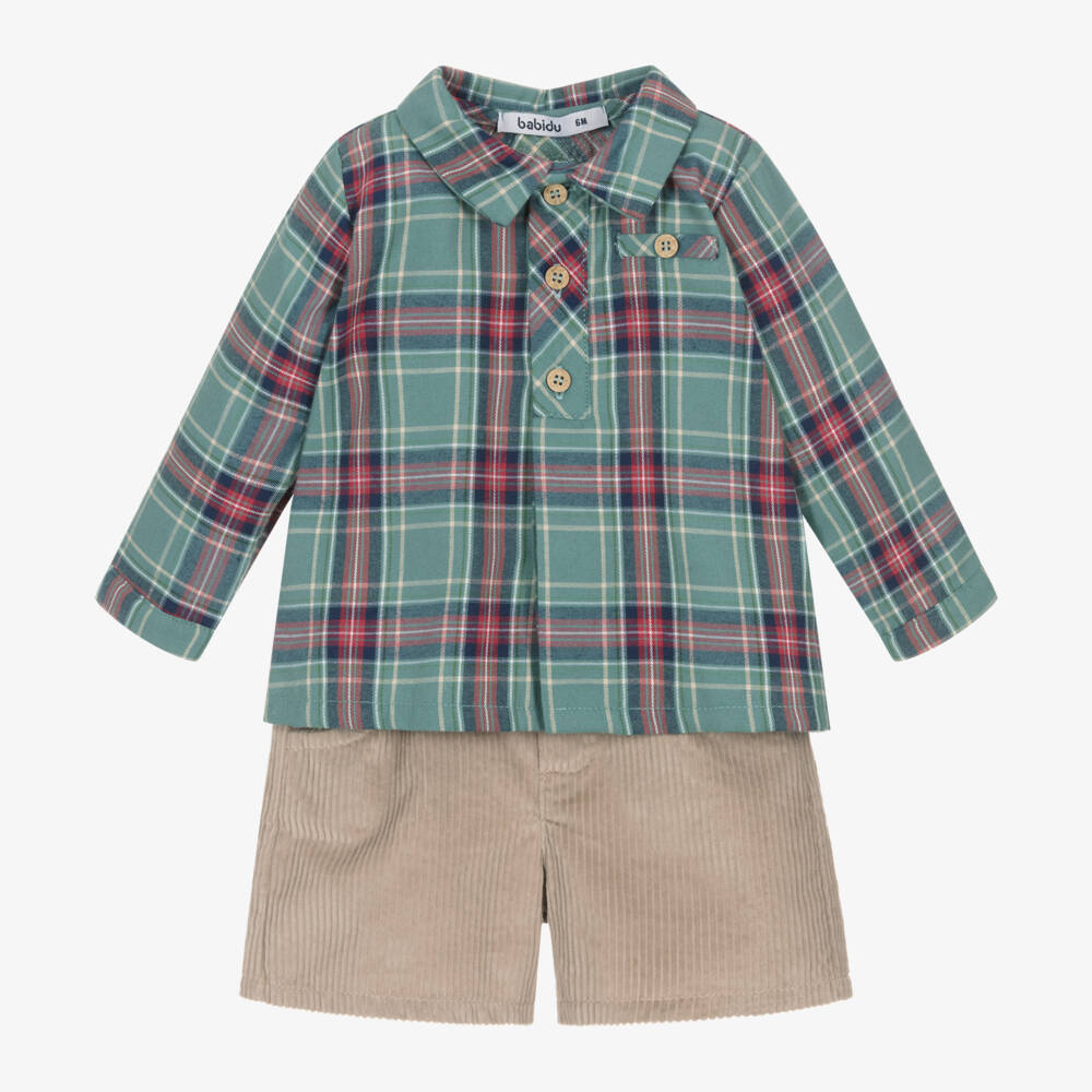 Babidu-Зеленая рубашка и бежевые вельветовые шорты для мальчиков | Childrensalon Outlet