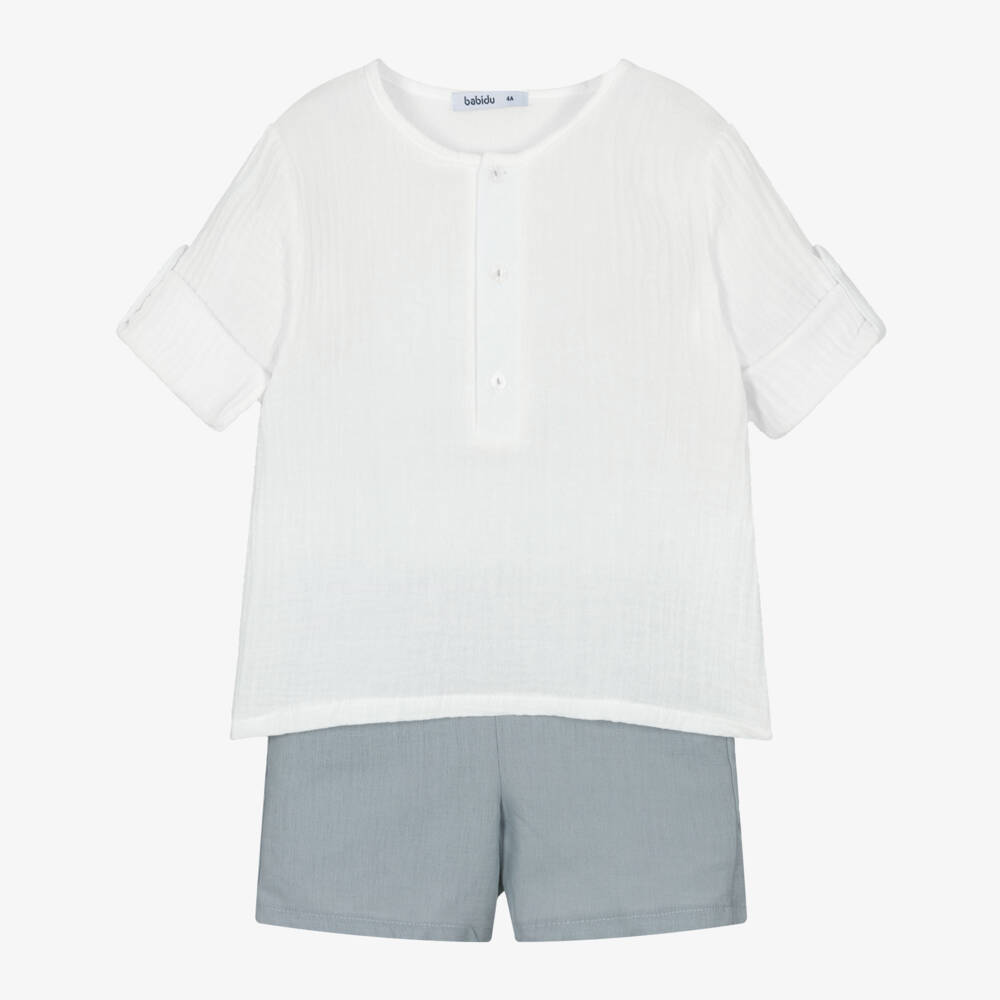 Babidu-Boys Cotton Shorts Ensemble in Grey & White | Childrensalon Outlet