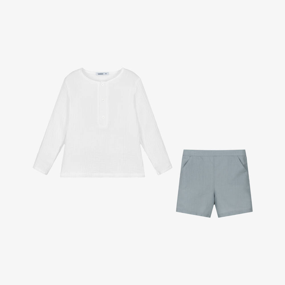 Babidu-Boys Cotton Shorts Ensemble in Grey & White | Childrensalon Outlet