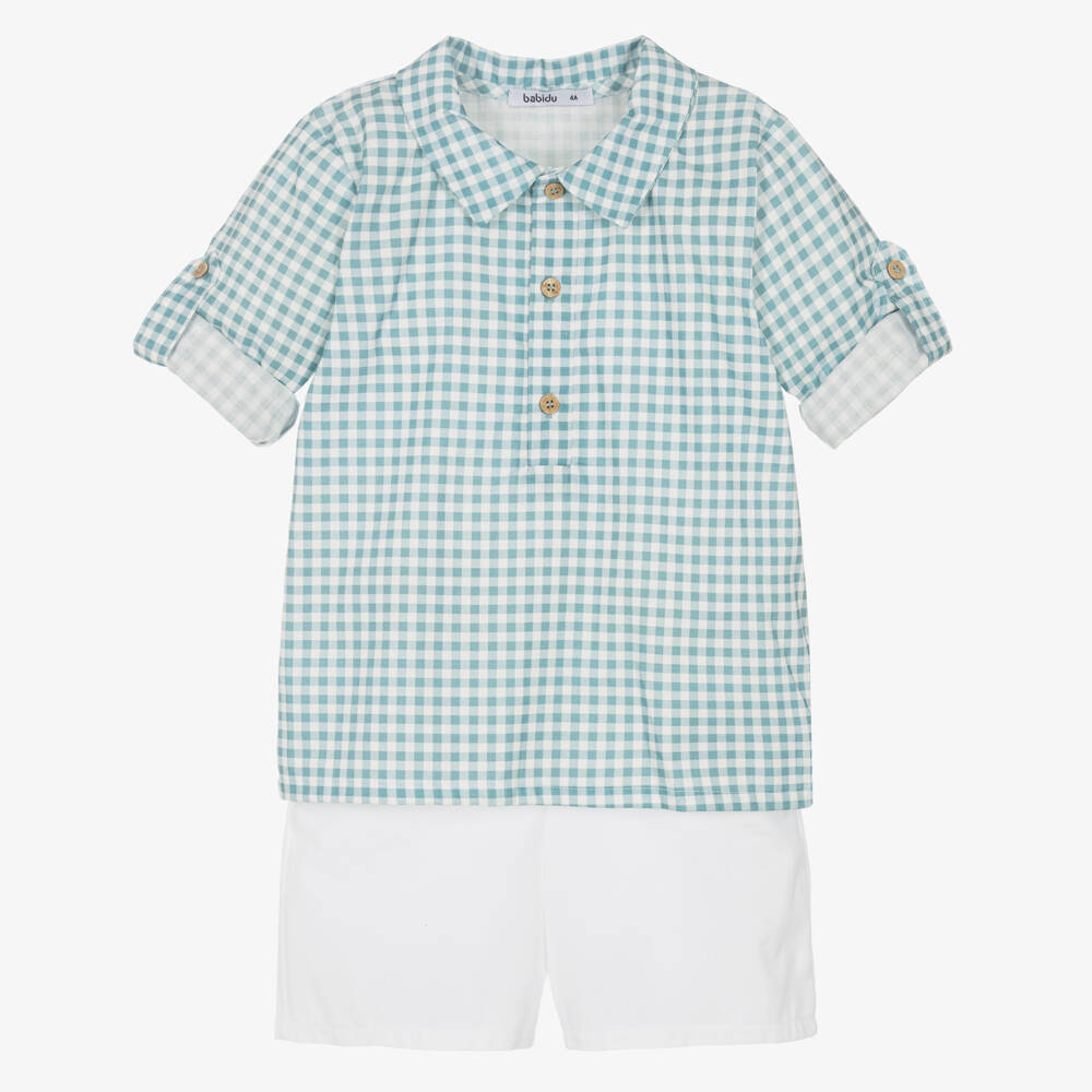 Babidu-Boys Gingham Green Cotton Short Set | Childrensalon Outlet