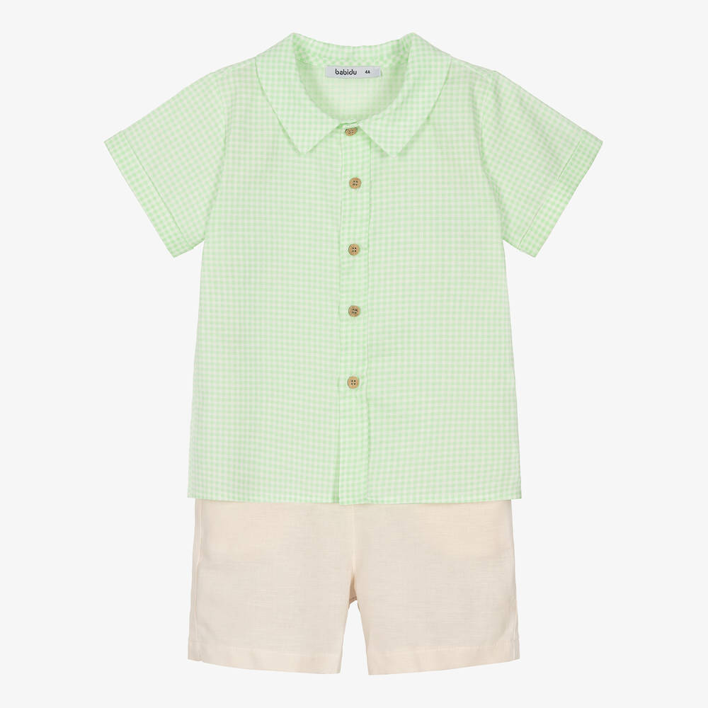 Babidu - Boys Green & Beige Cotton Shorts Set | Childrensalon