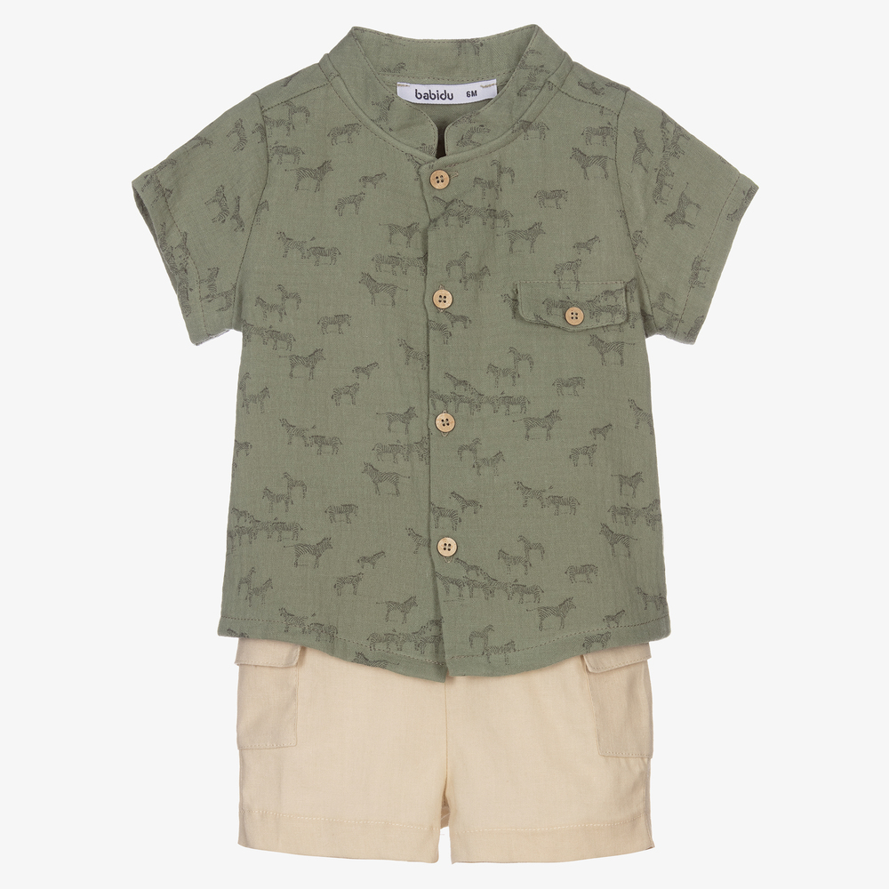 Babidu - Boys Green & Beige Shorts Set | Childrensalon