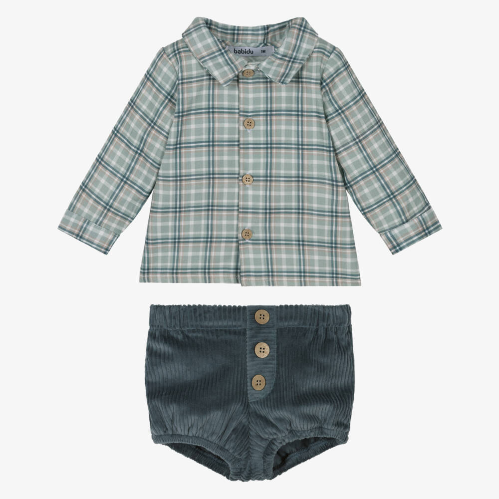 Babidu-Boys Green & Blue Check Cotton Shorts Set | Childrensalon Outlet