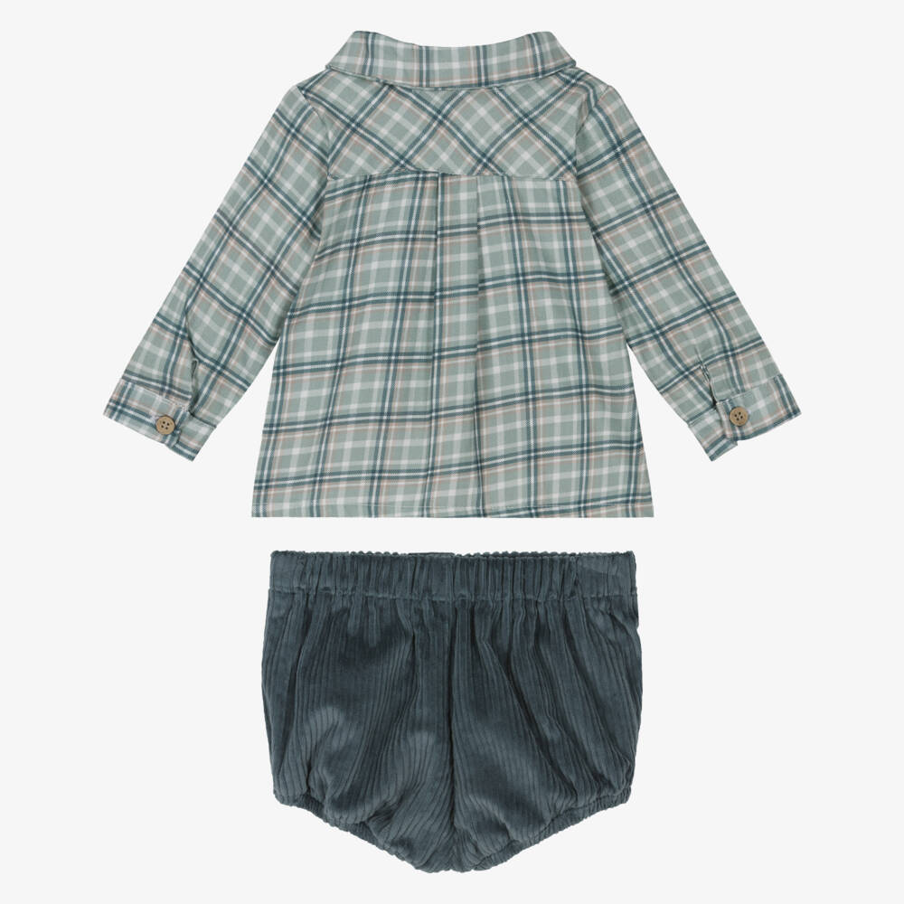 Babidu-Boys Green & Blue Check Cotton Shorts Set | Childrensalon Outlet