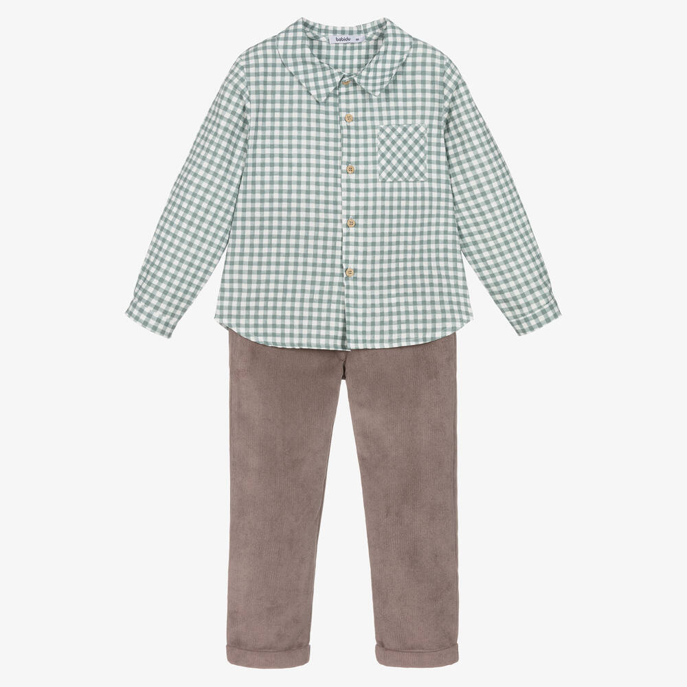Babidu-Boys Green & Brown Check Trousers Set | Childrensalon Outlet