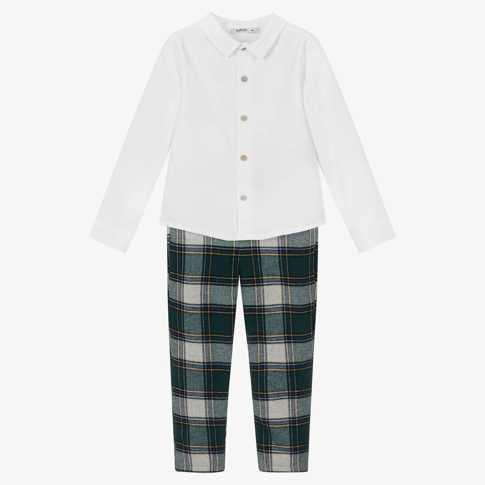 Babidu - Boys Green Checked Trouser Set | Childrensalon