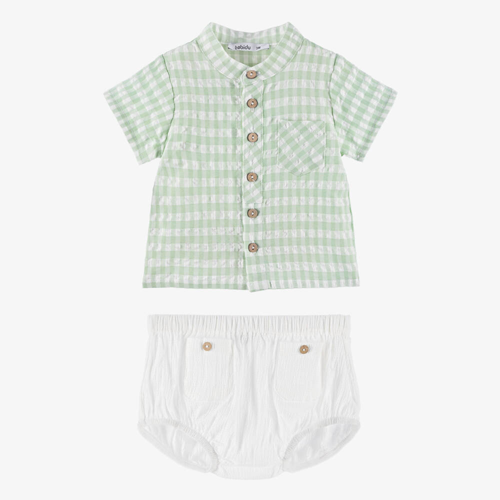Babidu-Boys Green Checkered Cotton Shorts Ensemble | Childrensalon Outlet