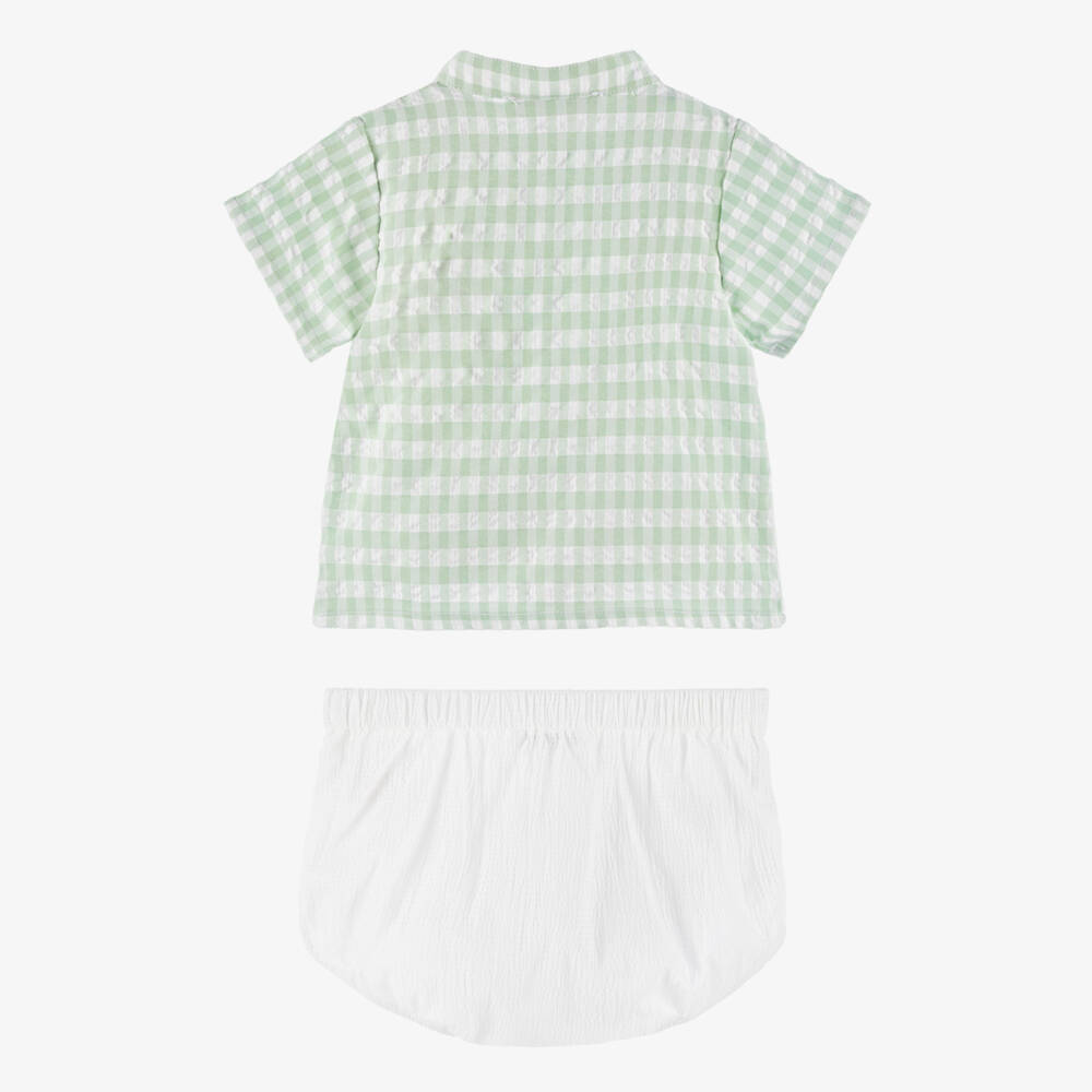 Babidu-Boys Green Checkered Cotton Shorts Ensemble | Childrensalon Outlet