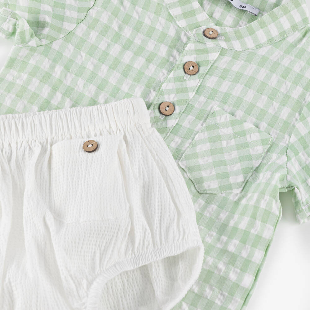 Babidu-Boys Green Checkered Cotton Shorts Ensemble | Childrensalon Outlet