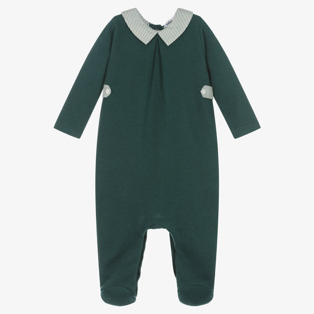 Babidu - Boys Green Cotton Knit Collared Babygrow | Childrensalon