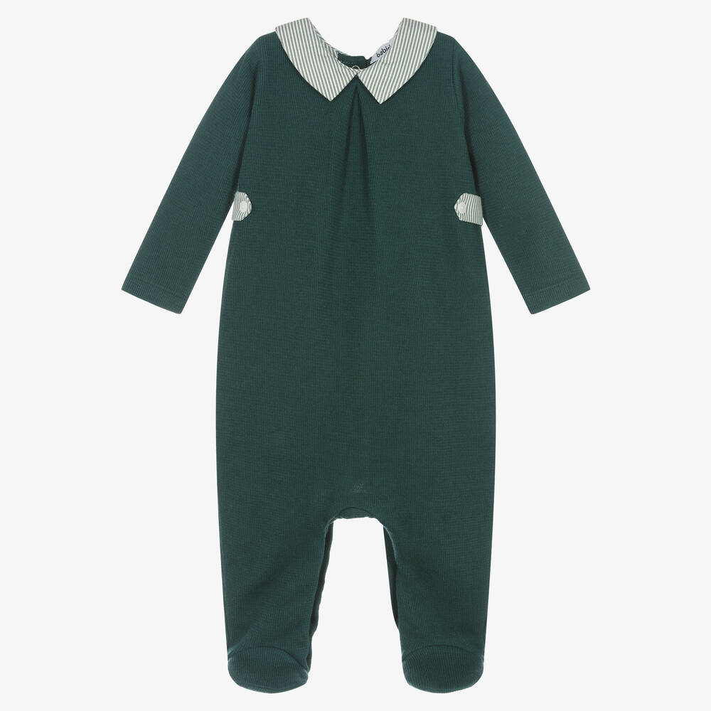 Babidu-Boys Green Cotton Knit Collared Babygrow | Childrensalon Outlet