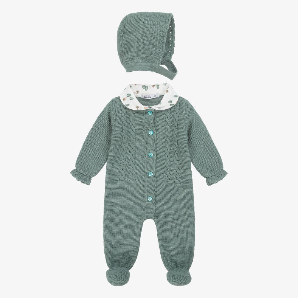 Babidu-Boys Green Knitted Babysuit & Hat Set | Childrensalon Outlet