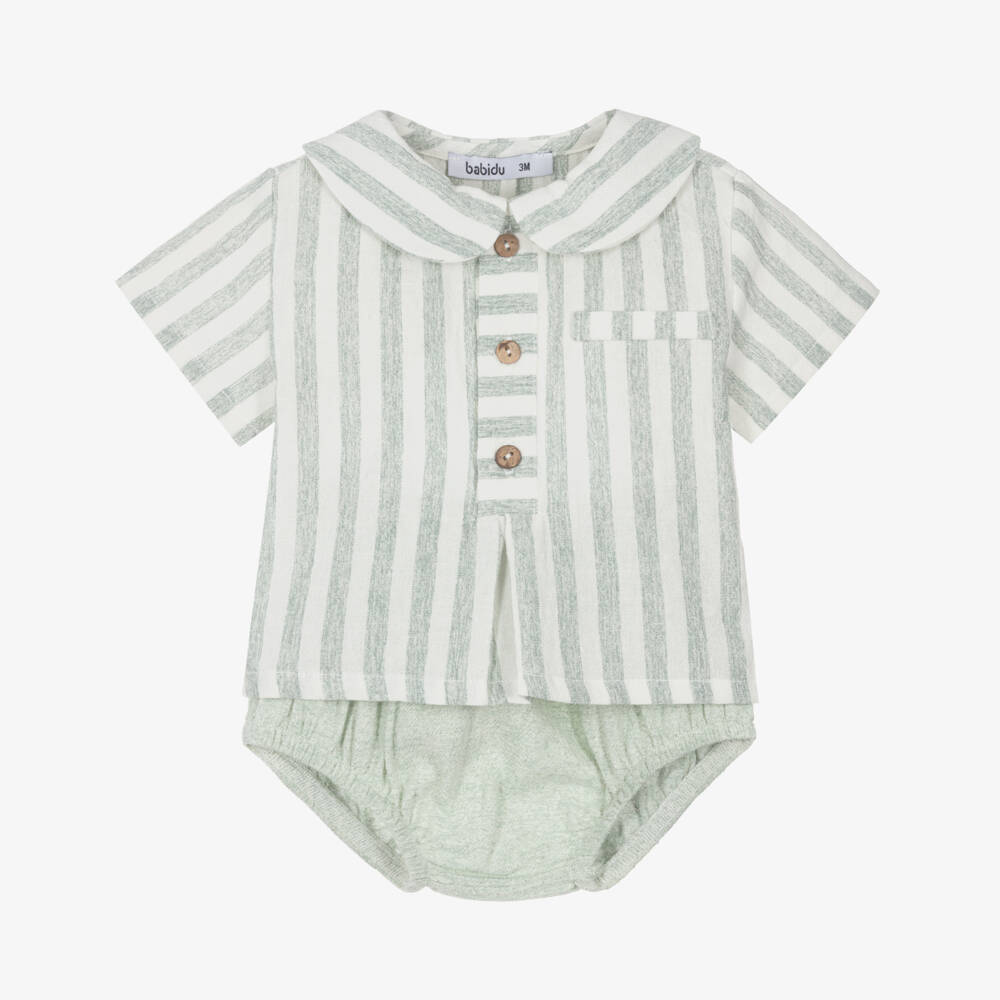 Babidu-Boys Green Linen Blend Shorts Ensemble | Childrensalon Outlet