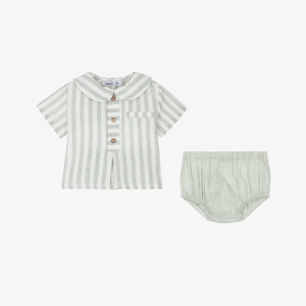 Babidu-Boys Green Linen Blend Shorts Ensemble | Childrensalon Outlet