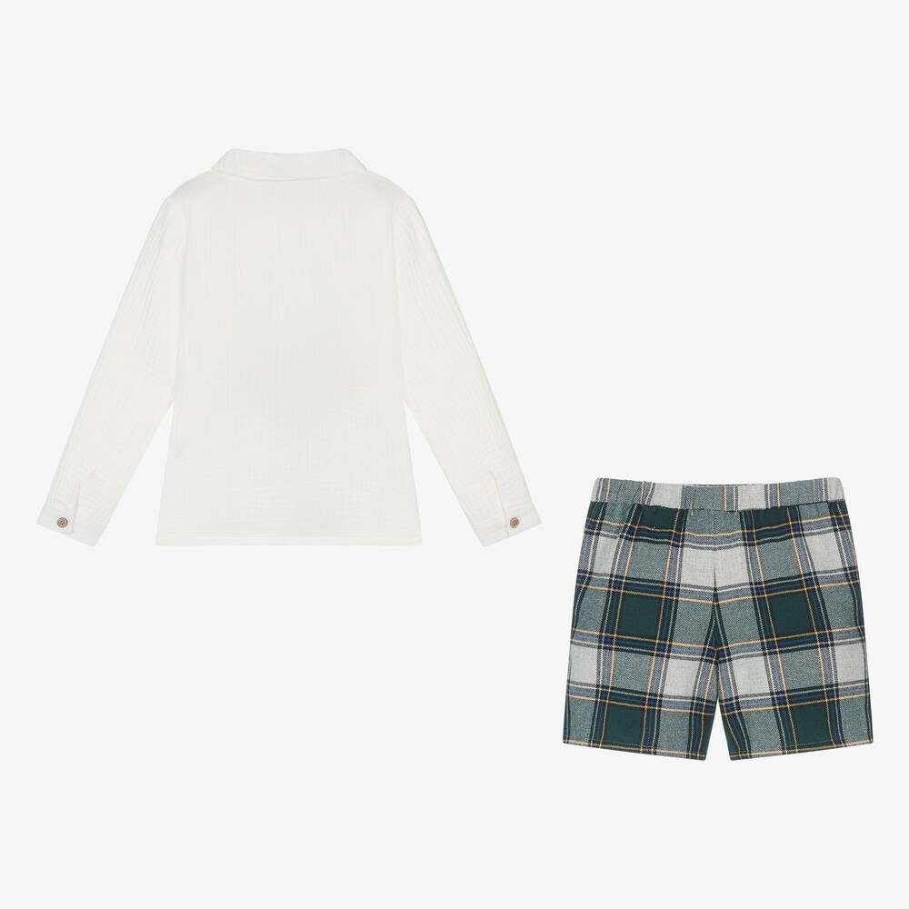 Babidu-Boys Green Tartan Cotton Shorts Set | Childrensalon Outlet