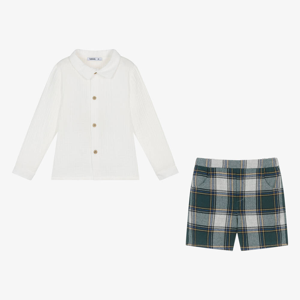 Babidu-Boys Green Tartan Cotton Shorts Set | Childrensalon Outlet