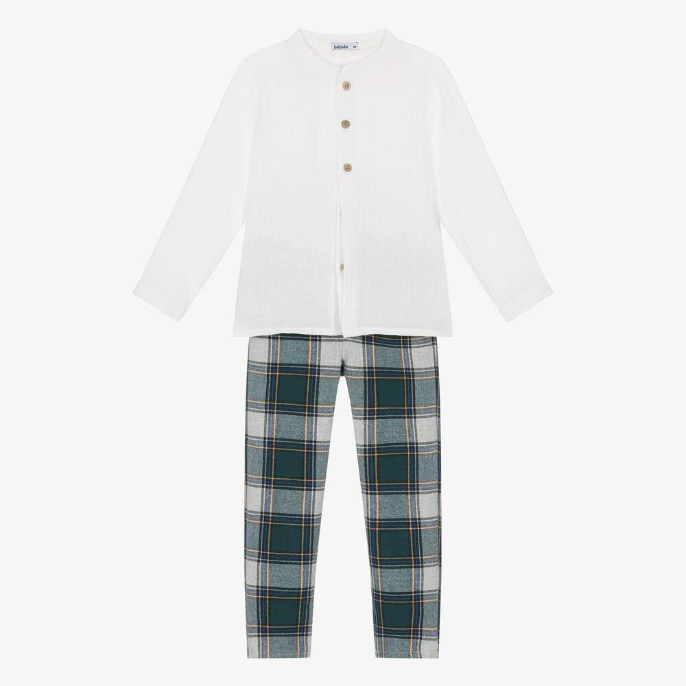 Babidu - Boys Green Tartan Cotton Trouser Set | Childrensalon