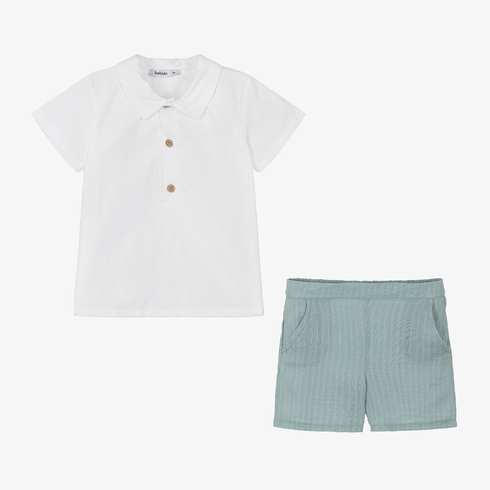 Babidu-طقم شورت قطن لون أبيض وأخضر للأولاد | Childrensalon Outlet