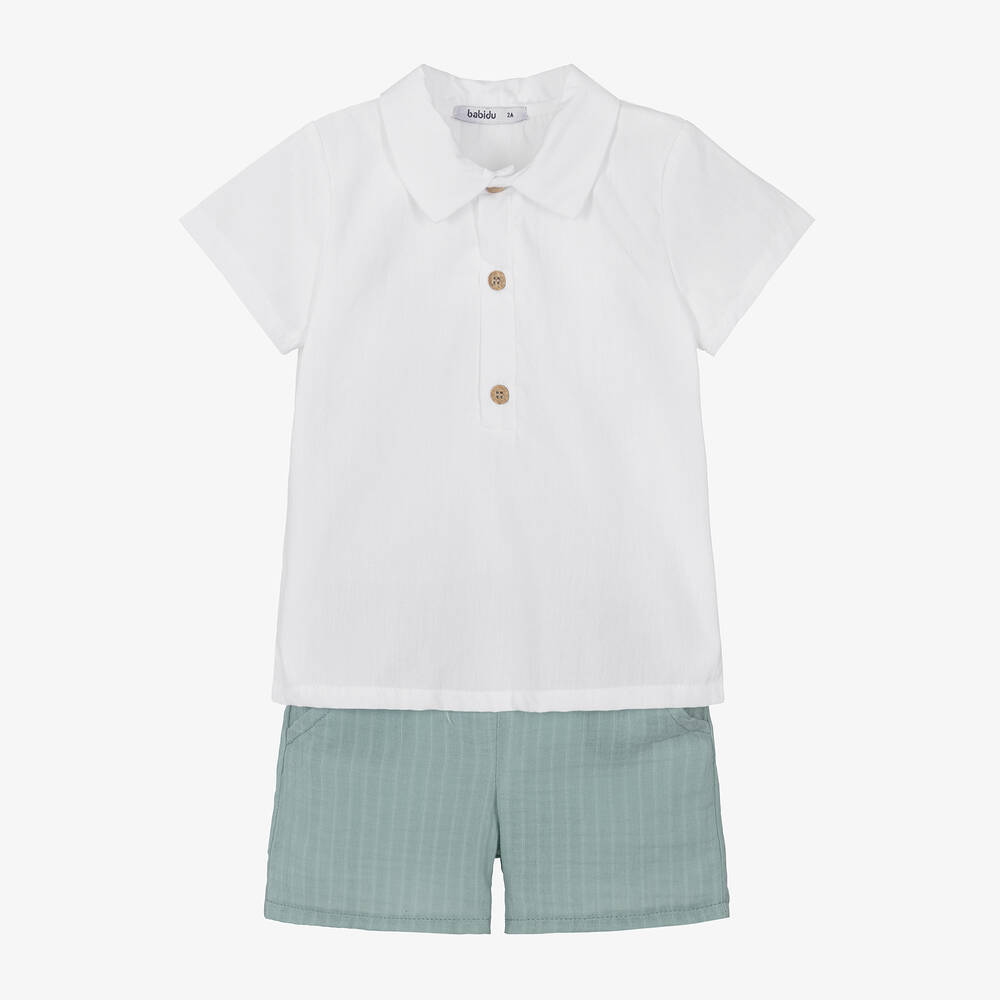 Babidu-Белая футболка и зеленые шорты из хлопка для мальчиков | Childrensalon Outlet